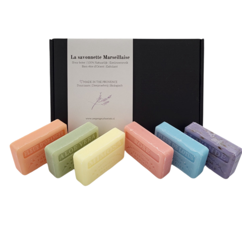 Zeep bar cadeauset: Rose, Sinasappelbloesem, Fleur de lotus, Lavendel scrub, Mimosa, Aloë vera