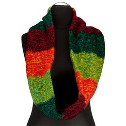 Vibrant red, orange, and green circular scarf with a soft, textured knit pattern. Measures 134x24cm, perfect for adding a pop of color to any outfit.