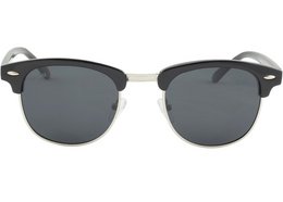 Black and silver framed sunglasses with dark lenses. Classic clubmaster style.
