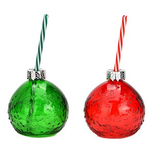 Trinkglas Weihnachtskugel mit Motiv und Stohhalm aus Glas, 2-fach, Rot/Grün 450ml