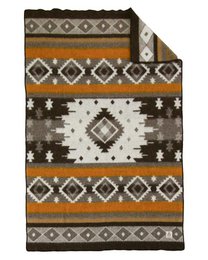  Wool bed blanket in a tribal pattern with brown, orange, and gray colors.