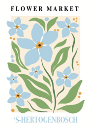 Postcard featuring a vibrant floral design with blue flowers and green leaves, showcasing the Flower Markets of Den Bosch.