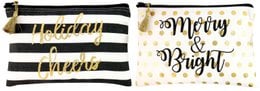 A set of two zippered pouches featuring the text "Merry & Bright" in gold lettering against a white background with gold star accents, and black and white striped patterns.
