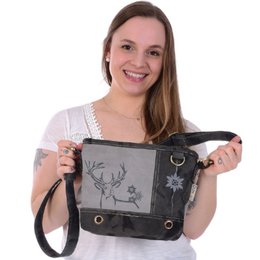 Traditionele tas van Domelo. Veganistische canvas schoudertas met bedrukt hert/edelweiss-motief