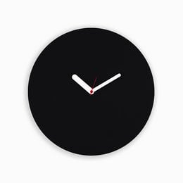 A round, minimalist wall clock with a black face and white hands. The clock has a simple, modern design that would complement a variety of home decor styles.
