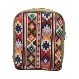 Khaki backpack with colorful geometric patterns, made of durable materials, suitable for everyday use or travel.