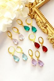 18K gold-plated teardrop hoop earrings in a variety of vibrant colors including light blue, lilac, green, red, and clear.