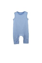 Organic cotton baby ribbed vest romper in blue and yellow colors, available in sizes 3-6M to 18-24M. Soft, comfortable, and GOTS certified.
