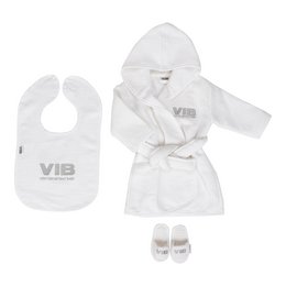 White bathrobe, bib, and slippers set for kids. Soft, plush material with VIB logo. Ideal for bath time or lounging.