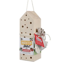  A wooden insect hotel with a height of 20 cm, designed for the garden. The hotel features multiple holes and compartments to provide shelter and nesting sites for various insects.