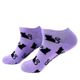 Purple ankle socks with black cat silhouette pattern. Made of soft, breathable material. Suitable for casual wear.