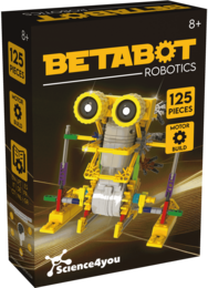 A robotic building kit toy for kids, featuring a yellow robot with large eyes, multiple limbs, and various colorful components. The kit includes 126 pieces and is suitable for science and engineering-focused play.