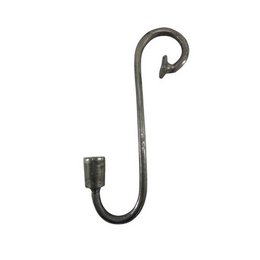 A tall, curved black metal candle holder with a hook design.