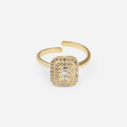 Gold-toned statement ring with a square-shaped cluster of sparkling crystals.