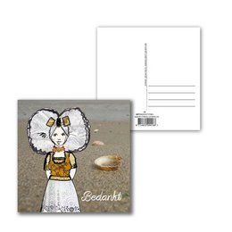 Postcard featuring a whimsical illustration of a girl in a white dress with a large bow. The postcard is titled "Zeeland girl Thank you" and is categorized as a thank you card.