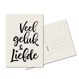 A wedding card with the text "Veel geluk & liefde" (Much happiness & love) in a handwritten-style font.