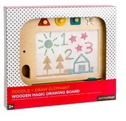 Wooden magic drawing board with elephant design, colorful shapes, numbers, trees, and castle illustration for children.
