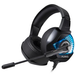 A black and blue gaming headset with a microphone. The headset features a sleek, modern design and appears to be suitable for use with a variety of gaming platforms.