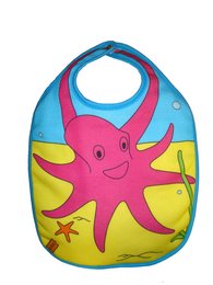 Colorful bib with a playful octopus design in shades of blue, pink, and yellow. Features a large octopus with long legs and a friendly expression.