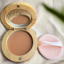  Compact powder, round wooden case, matte finish, natural beige tone, eco-friendly packaging, face makeup