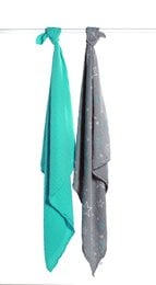 Two soft, absorbent swaddle cloths in grey and turquoise colors with star patterns. Made of 100% cotton for gentle use on baby's skin.