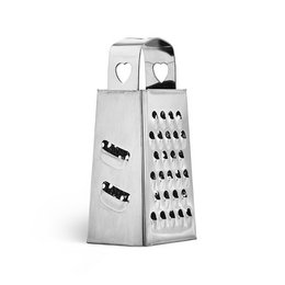  Stainless steel multi-functional grater with four-sided grating surface for shredding, slicing, and zesting a variety of ingredients.