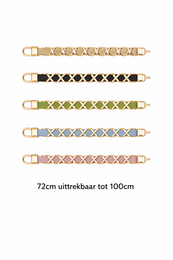  A slim, adjustable belt in a variety of neutral colors including beige, pink, blue, green, gold, and black chrome. The belt features a diamond pattern design and is available in one size.