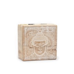  Wooden boxes and trays with Buddha and Hamsa designs, available in various sizes and finishes including whitewash and black engraved. Suitable for use as jewelry boxes or decorative storage.
