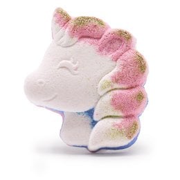 Colorful unicorn-shaped bath bomb with passionfruit scent, designed for kids' bath time fun.