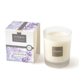  Lavender scented candle, purple and cream colored, cylindrical glass jar, floral fragrance