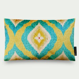  Rectangular cushion with a vibrant, geometric pattern in shades of yellow, green, and turquoise. The pattern features diamond shapes and abstract designs, creating a bold and eye-catching design.