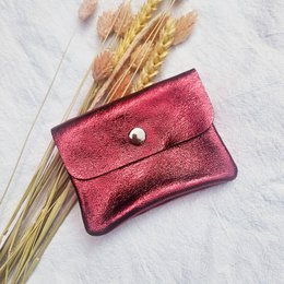  Bordeaux red leather mini wallet with snap closure and wheat stalks.