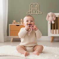 Soft & Hard | Bunny & Leaf RATTLE Wood & Silicone Teether | Blush & Rose