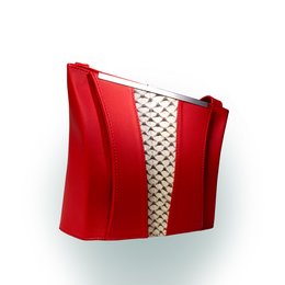 Red shoulder bag with textured pattern and leather trim.