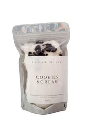 Cookies and cream flavored cotton candy in a resealable pouch.
