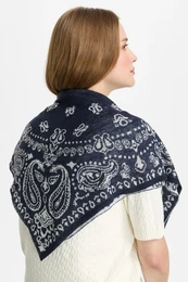  Navy and beige mohair scarf with paisley pattern, lightweight foulard wrap, elegant accessory.