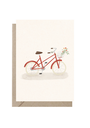  A red vintage-style bicycle with a basket of flowers on the front, depicted in a simple, minimalist illustration style.
