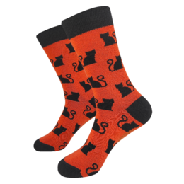 Colorful socks featuring a repeating pattern of black cats on an orange background. The socks are available in small and large sizes.