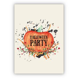 Halloween party invitation card with pumpkin design, featuring a vibrant orange pumpkin surrounded by spooky elements like bats, spiderwebs, and splatters. The text "Halloween Party" is prominently displayed.