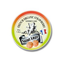 Organic strawberry-flavored bonbons in a round tin container with the Saint Ange brand logo and text indicating they are organic and bio-certified.