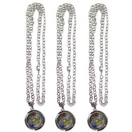 Set of 3 glass medallion necklaces with silver round frame design and colorful pendant charms. Chains are 71 cm long.