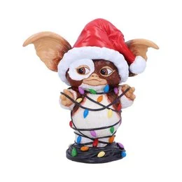 Gremlins - Gizmo - Fairy Lights - figurine. Whimsical Christmas-themed figurine of the character Gizmo from the Gremlins movie, wearing a Santa hat and wrapped in colorful holiday lights.