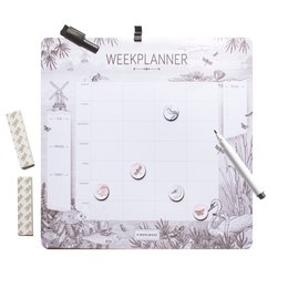  A white and gray weekly planner board with floral designs, featuring a magnetic surface for organizing notes and reminders.