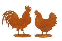 Rusty brown rooster and chicken statues, farmyard metal decorative figures with detailed feather design.