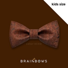 A brown and red patterned bow tie for kids, featuring a whimsical "Brainbows" design.