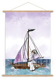 A poster featuring a girl sitting on a sailboat in the water, with a pink and white sail. The poster has a whimsical, illustrated style.