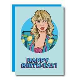 Colorful birthday card with a smiling woman, text reads "Happy Birth-Tay!"