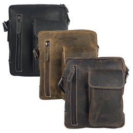 A crossbody bag made of buffalo leather, available in 3 colors - cognac, dark brown, and black. The bag features multiple zippered compartments and a adjustable strap for comfortable wear.