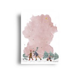 "Postcard with a winter scene featuring people walking through a snowy landscape with a large pink tree in the background."

The postcard depicts a winter scene with people walking through a snowy landscape. The focal point is a large, pink tree in the background, which appears to be in full bloom. The people in the foreground are bundled up, suggesting cold weather. The overall style has a whimsical, illustrated quality.