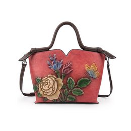  Red leather handbag with floral design, double handles, roses and botanical flowers, medium size tote bag.